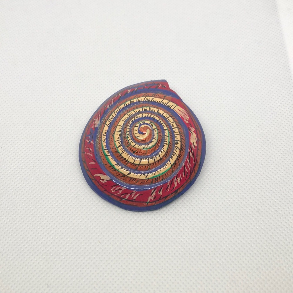 Vintage 60’s-70’s Turban Snail Shell Hand Painted Wooden Folk Art Brooch Pin